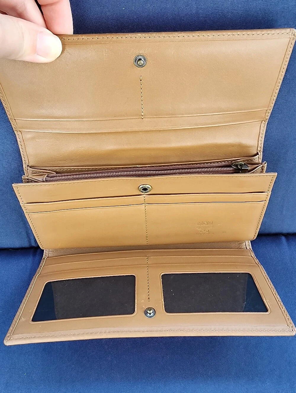 MCM Cognac Visetos Continental Wallet with Brown Center Stripe